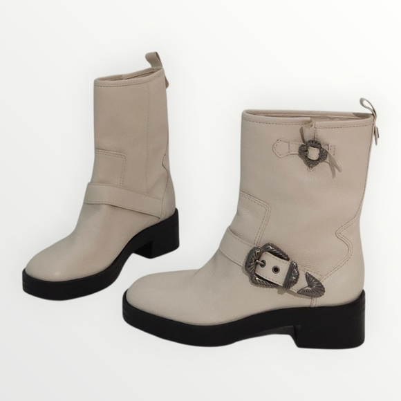 Larroudé Cream Leather Buckle Mid-Calf Moto Boots Women’s 8 Western Platf - Picture 1 of 9